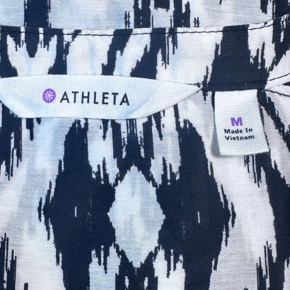 Athleta Printed Kaftan Tunic Top Women's M Black White Ikat Cotton Silk Blend - Picture 6 of 8